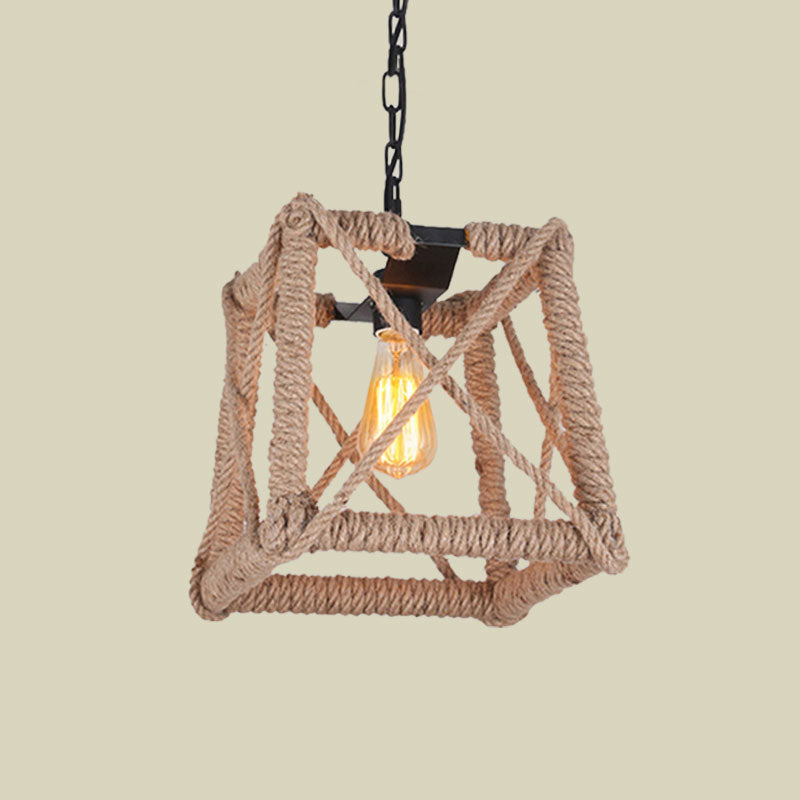 1 Bulb Caged Hanging Ceiling Light with Globe/Square Shade Country Style Black Metal and Rope Pendant Light Clearhalo 'Ceiling Lights' 'Industrial Pendants' 'Industrial' 'Middle Century Pendants' 'Pendant Lights' 'Pendants' 'Tiffany' Lighting' 1126738