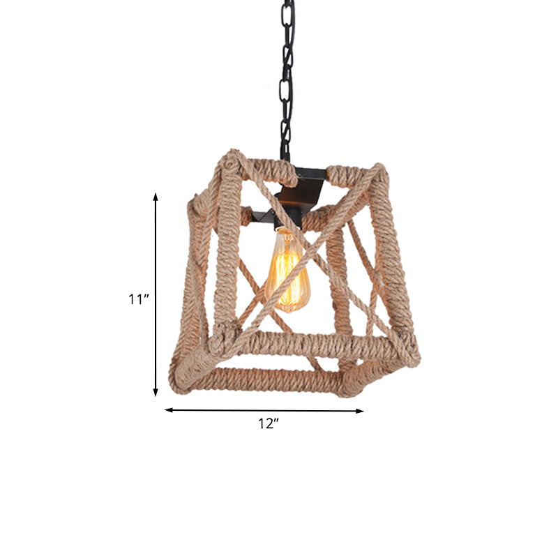 1 Bulb Caged Hanging Ceiling Light with Globe/Square Shade Country Style Black Metal and Rope Pendant Light Clearhalo 'Ceiling Lights' 'Industrial Pendants' 'Industrial' 'Middle Century Pendants' 'Pendant Lights' 'Pendants' 'Tiffany' Lighting' 1126739