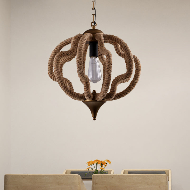 1 Bulb Caged Hanging Ceiling Light with Globe/Square Shade Country Style Black Metal and Rope Pendant Light Clearhalo 'Ceiling Lights' 'Industrial Pendants' 'Industrial' 'Middle Century Pendants' 'Pendant Lights' 'Pendants' 'Tiffany' Lighting' 1126742