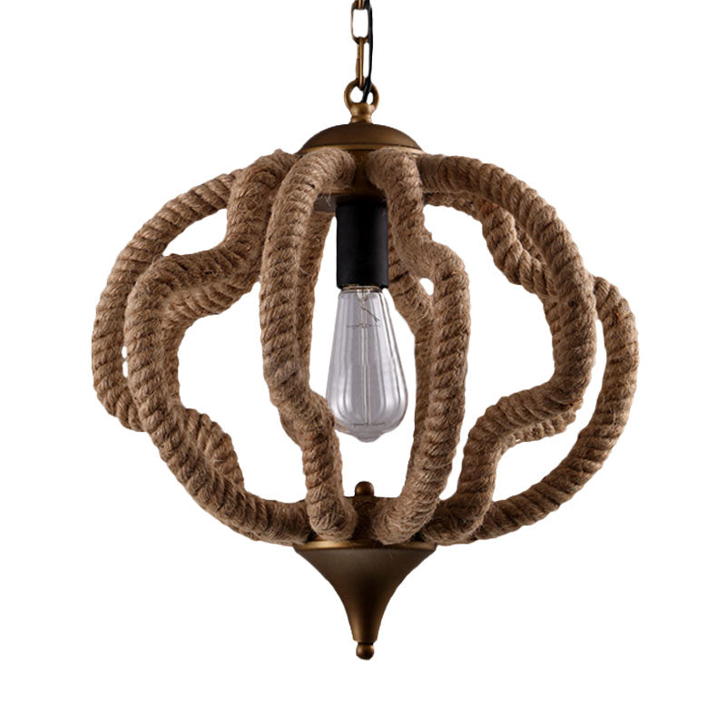 1 Bulb Caged Hanging Ceiling Light with Globe/Square Shade Country Style Black Metal and Rope Pendant Light Clearhalo 'Ceiling Lights' 'Industrial Pendants' 'Industrial' 'Middle Century Pendants' 'Pendant Lights' 'Pendants' 'Tiffany' Lighting' 1126743