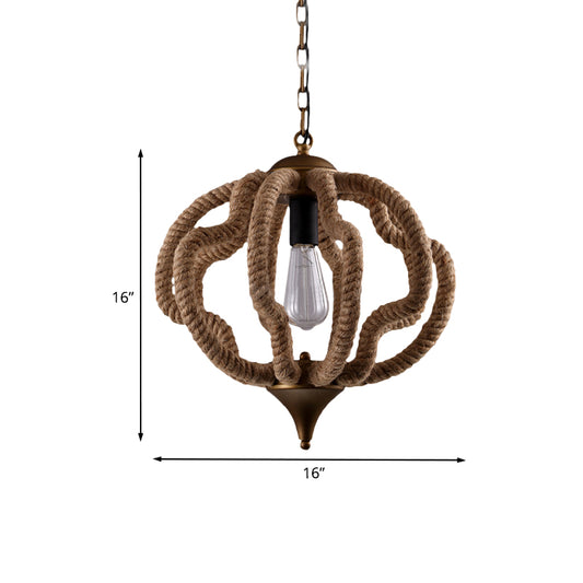 1 Bulb Caged Hanging Ceiling Light with Globe/Square Shade Country Style Black Metal and Rope Pendant Light Clearhalo 'Ceiling Lights' 'Industrial Pendants' 'Industrial' 'Middle Century Pendants' 'Pendant Lights' 'Pendants' 'Tiffany' Lighting' 1126744