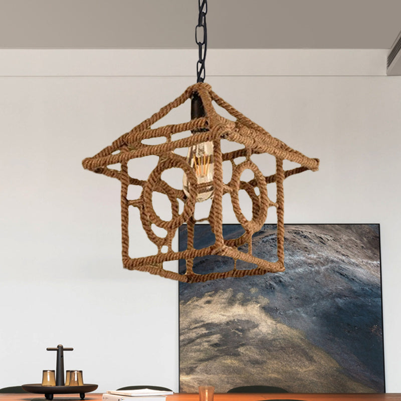 1 Bulb Caged Hanging Ceiling Light with Globe/Square Shade Country Style Black Metal and Rope Pendant Light Black House Clearhalo 'Ceiling Lights' 'Industrial Pendants' 'Industrial' 'Middle Century Pendants' 'Pendant Lights' 'Pendants' 'Tiffany' Lighting' 1126750