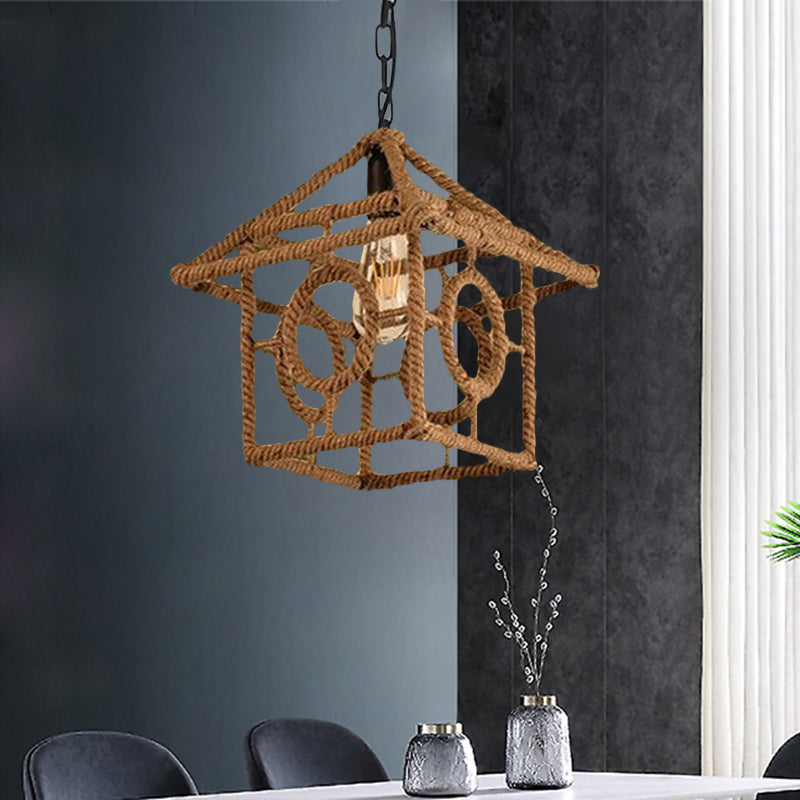1 Bulb Caged Hanging Ceiling Light with Globe/Square Shade Country Style Black Metal and Rope Pendant Light Clearhalo 'Ceiling Lights' 'Industrial Pendants' 'Industrial' 'Middle Century Pendants' 'Pendant Lights' 'Pendants' 'Tiffany' Lighting' 1126751