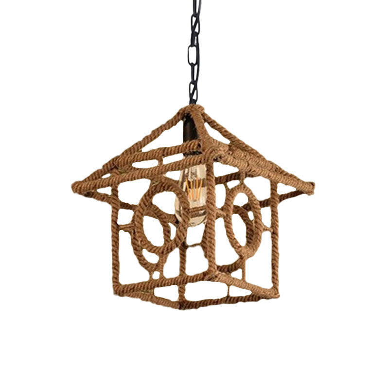 1 Bulb Caged Hanging Ceiling Light with Globe/Square Shade Country Style Black Metal and Rope Pendant Light Clearhalo 'Ceiling Lights' 'Industrial Pendants' 'Industrial' 'Middle Century Pendants' 'Pendant Lights' 'Pendants' 'Tiffany' Lighting' 1126752