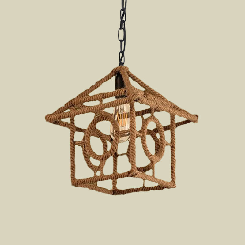 1 Bulb Caged Hanging Ceiling Light with Globe/Square Shade Country Style Black Metal and Rope Pendant Light Clearhalo 'Ceiling Lights' 'Industrial Pendants' 'Industrial' 'Middle Century Pendants' 'Pendant Lights' 'Pendants' 'Tiffany' Lighting' 1126753