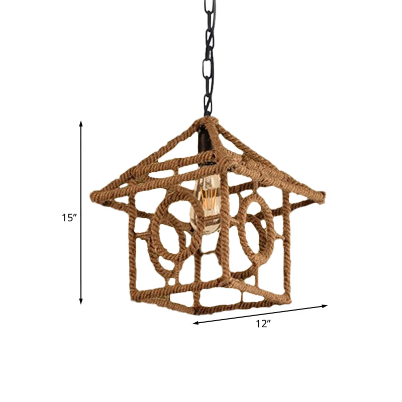 1 Bulb Caged Hanging Ceiling Light with Globe/Square Shade Country Style Black Metal and Rope Pendant Light Clearhalo 'Ceiling Lights' 'Industrial Pendants' 'Industrial' 'Middle Century Pendants' 'Pendant Lights' 'Pendants' 'Tiffany' Lighting' 1126754