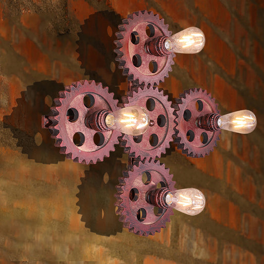 4 Lights Gear Wall Lighting Antique Stylish Dark Rust Wrought Iron Sconce Lamp for Restaurant Rust Clearhalo 'Art deco wall lights' 'Cast Iron' 'Glass' 'Industrial wall lights' 'Industrial' 'Middle century wall lights' 'Modern' 'Rustic wall lights' 'Tiffany' 'Traditional wall lights' 'Wall Lamps & Sconces' 'Wall Lights' Lighting' 1127075