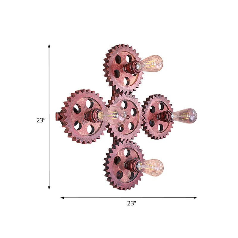 4 Lights Gear Wall Lighting Antique Stylish Dark Rust Wrought Iron Sconce Lamp for Restaurant Clearhalo 'Art deco wall lights' 'Cast Iron' 'Glass' 'Industrial wall lights' 'Industrial' 'Middle century wall lights' 'Modern' 'Rustic wall lights' 'Tiffany' 'Traditional wall lights' 'Wall Lamps & Sconces' 'Wall Lights' Lighting' 1127079