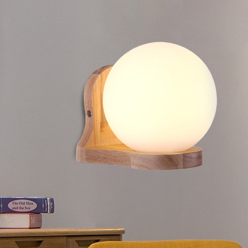Balcony Study Room Sphere Sconce Lighting Milk Glass 1 Light Simple Style White Wall Lamp - Wood - Clearhalo - 'Modern wall lights' - 'Modern' - 'Wall Lamps & Sconces' - 'Wall Lights' - Lighting' - 1127583