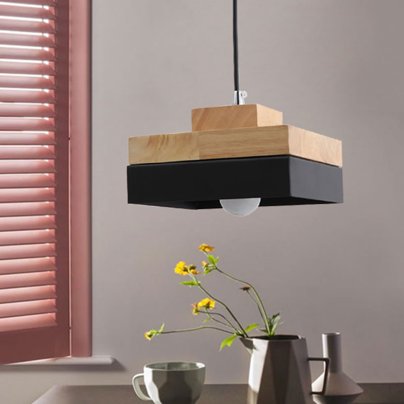 Macaron Loft Round/Square Pendant Lighting Single Light Wood Pendant Lamp for Dining Room Bookstore Black Square Clearhalo 'Ceiling Lights' 'Modern Pendants' 'Modern' 'Pendant Lights' 'Pendants' Lighting' 1127744
