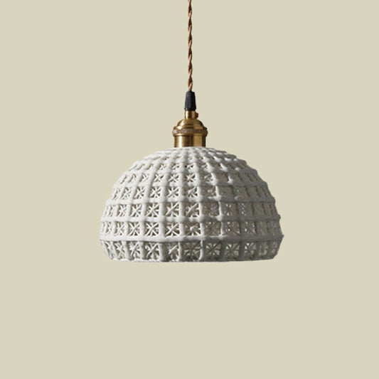 Nordic Grid Dome Hanging Lamp 6.5"/8" Wide Single Bulb Ceramics Pendant Light for Dining Room Corridor - White Clearhalo 'Ceiling Lights' 'Modern Pendants' 'Modern' 'Pendant Lights' 'Pendants' Lighting' 1127955