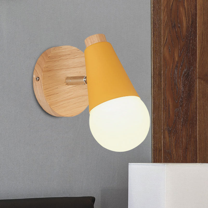 Macaron Loft Sweet Cone Wall Light with Metal/Wood Backplate Rotatable Single Light Wall Lamp in Blue/Green/Pink for Corridor Yellow Wood Clearhalo 'Cast Iron' 'Glass' 'Industrial' 'Modern wall lights' 'Modern' 'Tiffany' 'Traditional wall lights' 'Wall Lamps & Sconces' 'Wall Lights' Lighting' 1127987