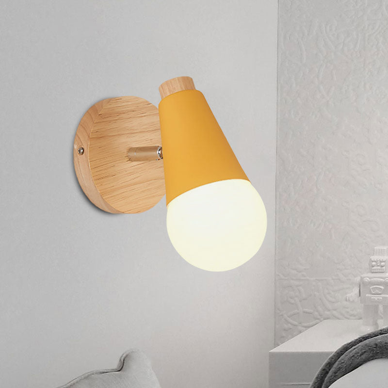 Macaron Loft Sweet Cone Wall Light with Metal/Wood Backplate Rotatable Single Light Wall Lamp in Blue/Green/Pink for Corridor Clearhalo 'Cast Iron' 'Glass' 'Industrial' 'Modern wall lights' 'Modern' 'Tiffany' 'Traditional wall lights' 'Wall Lamps & Sconces' 'Wall Lights' Lighting' 1127989