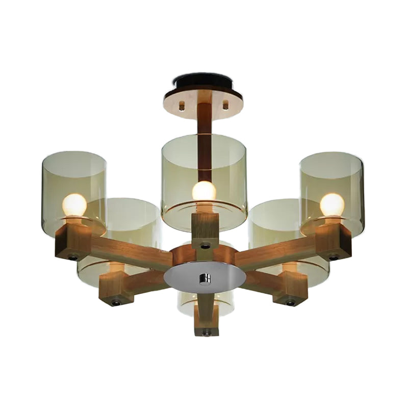 Wood Cylinder Chandelier Light with Radial Design Industrial 4/6/8 Lights Amber Glass Hanging Pendant Lamp 6 Amber Clearhalo 'Ceiling Lights' 'Chandeliers' 'Glass shade' 'Glass' 'Modern Chandeliers' 'Modern' Lighting' 112907