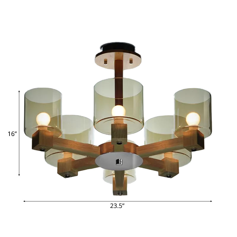 Wood Cylinder Chandelier Light with Radial Design Industrial 4/6/8 Lights Amber Glass Hanging Pendant Lamp Clearhalo 'Ceiling Lights' 'Chandeliers' 'Glass shade' 'Glass' 'Modern Chandeliers' 'Modern' Lighting' 112910