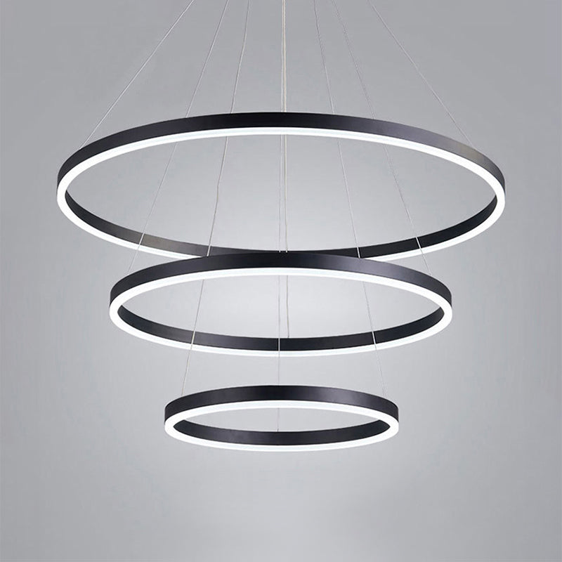 1/2/3-Ring Living Room Ceiling Light Black Chandelier with Acrylic Shade in Warm/White Light Black Three Rings Clearhalo 'Ceiling Lights' 'Chandeliers' 'Modern Chandeliers' 'Modern' Lighting' 113148