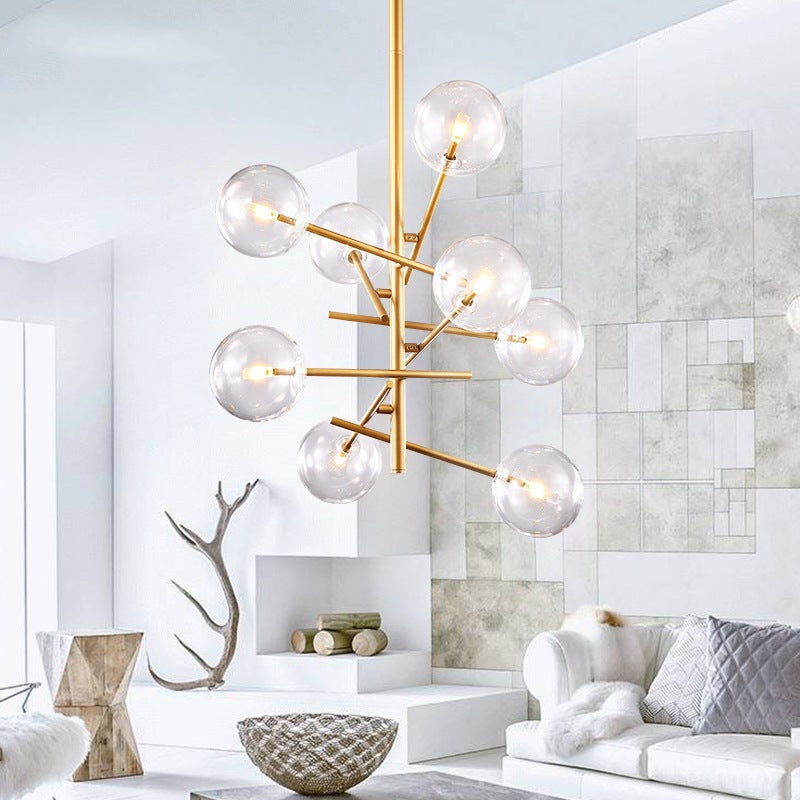 Clear Glass Global Chandelier with Starburst Design Post-Modernist 6/8 Lights Led Hanging Pendant Light in Gold 8 Gold Clearhalo 'Ceiling Lights' 'Chandeliers' 'Glass shade' 'Glass' 'Modern Chandeliers' 'Modern' Lighting' 113450