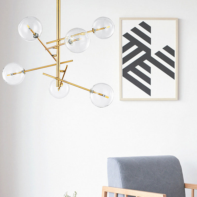 Clear Glass Global Chandelier with Starburst Design Post-Modernist 6/8 Lights Led Hanging Pendant Light in Gold 6 Gold Clearhalo 'Ceiling Lights' 'Chandeliers' 'Glass shade' 'Glass' 'Modern Chandeliers' 'Modern' Lighting' 113454