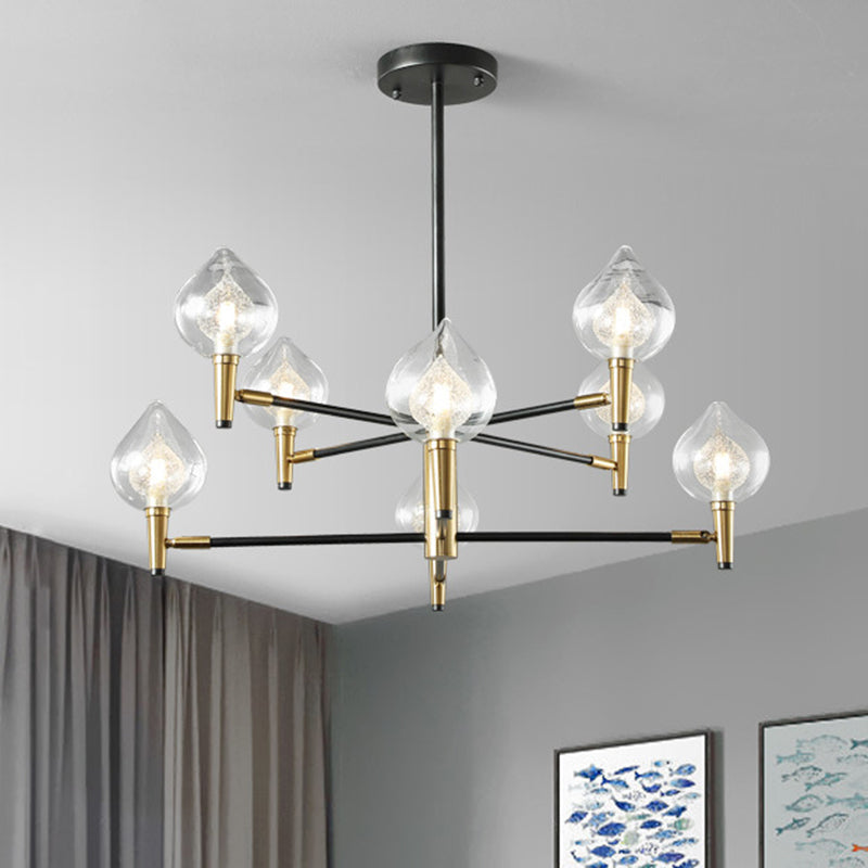 Raindrop Chandelier Postmodern Clear and Seedy Glass 6/8-Bulb Bedroom Drop Lamp with Branching Arm in Black and Gold 8 Black-Gold Clearhalo 'Ceiling Lights' 'Chandeliers' 'Modern Chandeliers' 'Modern' Lighting' 1135751