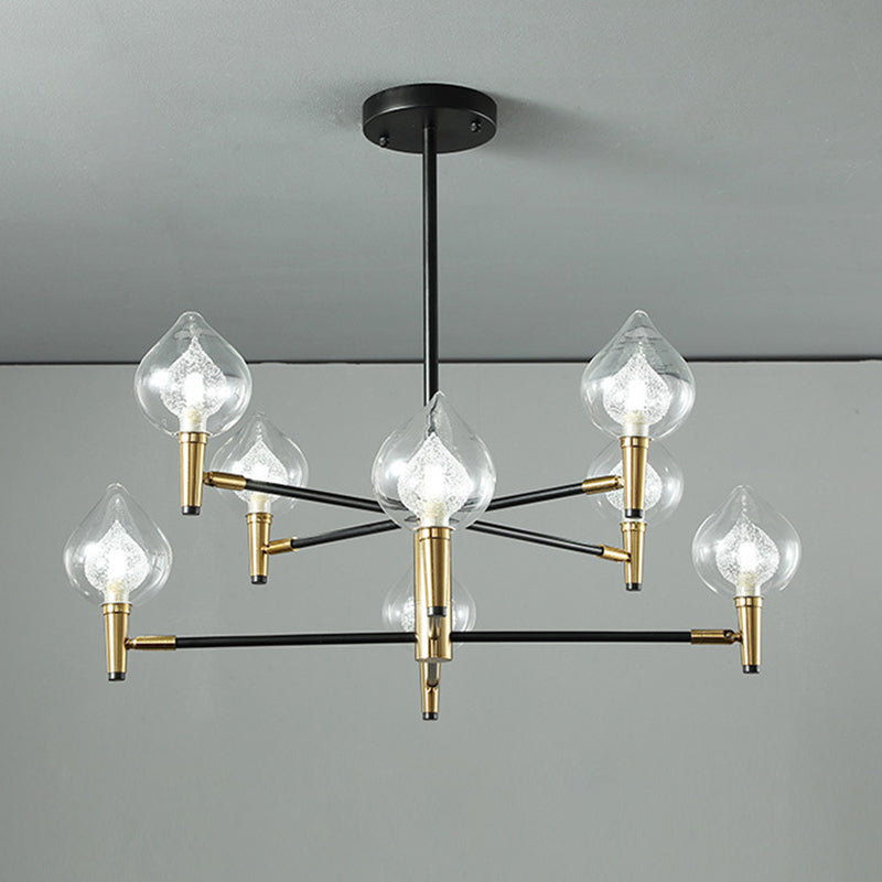 Raindrop Chandelier Postmodern Clear and Seedy Glass 6/8-Bulb Bedroom Drop Lamp with Branching Arm in Black and Gold Clearhalo 'Ceiling Lights' 'Chandeliers' 'Modern Chandeliers' 'Modern' Lighting' 1135752