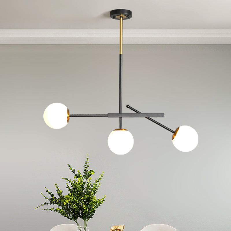Black-Gold Branching Suspension Pendant Modern 3 Lights Opal Ball Glass Chandelier Lighting Clearhalo 'Ceiling Lights' 'Chandeliers' 'Modern Chandeliers' 'Modern' Lighting' 1135761