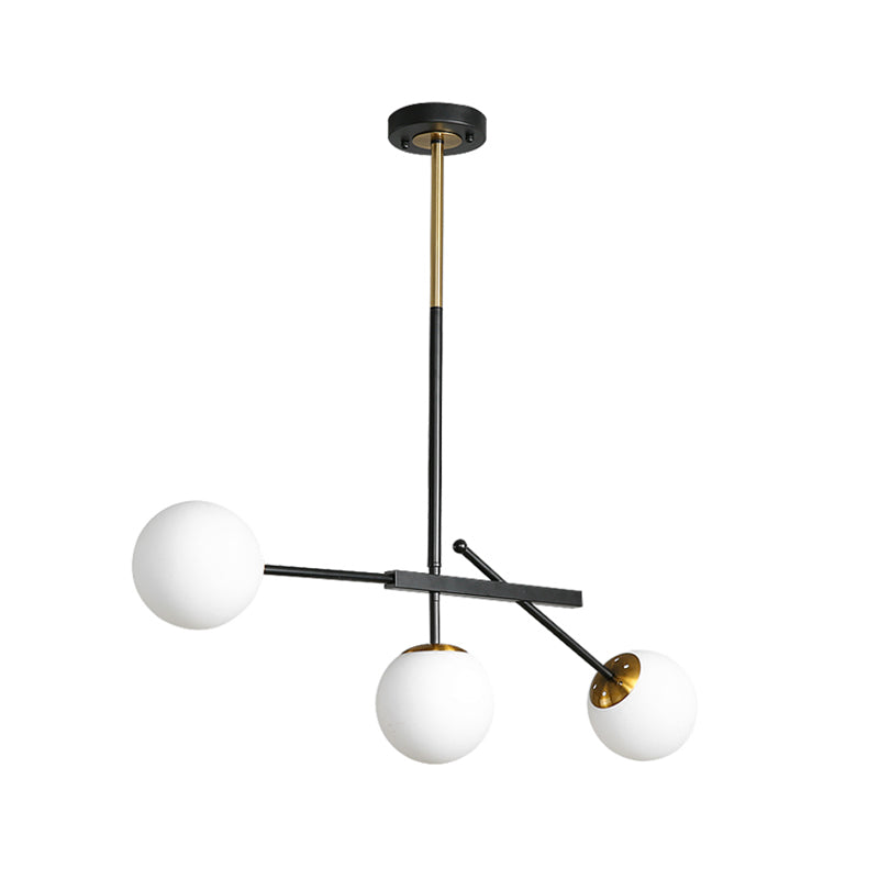 Black-Gold Branching Suspension Pendant Modern 3 Lights Opal Ball Glass Chandelier Lighting Clearhalo 'Ceiling Lights' 'Chandeliers' 'Modern Chandeliers' 'Modern' Lighting' 1135762