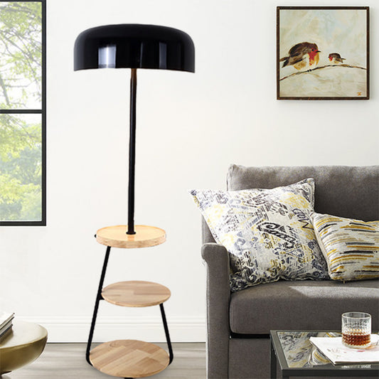 Black Finish Bowl Shade Floor Standing Light Modernism 2 Bulbs Metal Floor Lamp with Wood Shelves Black Clearhalo 'Floor Lamps' 'Lamps' Lighting' 1135780