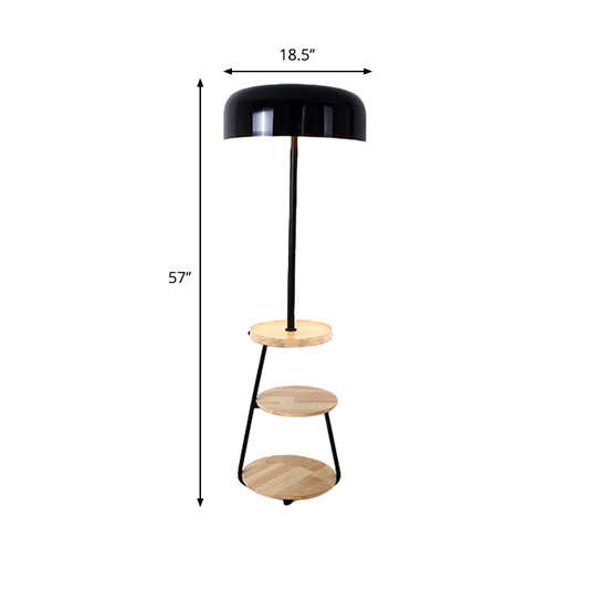 Black Finish Bowl Shade Floor Standing Light Modernism 2 Bulbs Metal Floor Lamp with Wood Shelves Clearhalo 'Floor Lamps' 'Lamps' Lighting' 1135783