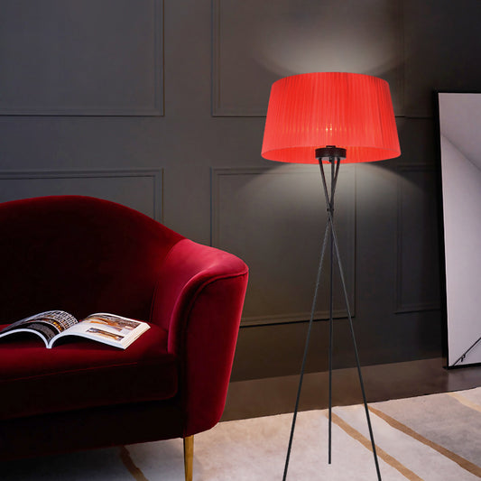 Drum Shade Fabric Floor Standing Light Modern Style 1 Bulb Pink/Black/Red Tripod Floor Lamp Clearhalo 'Floor Lamps' 'Lamps' Lighting' 1135789