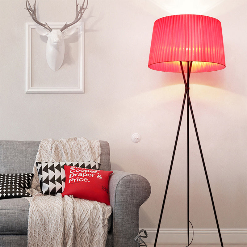 Drum Shade Fabric Floor Standing Light Modern Style 1 Bulb Pink/Black/Red Tripod Floor Lamp Clearhalo 'Floor Lamps' 'Lamps' Lighting' 1135790