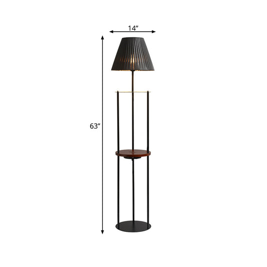 Pleated Fabric Tapered Stand Up Light Modernist 1-Light Black Finish Standing Floor Lamp with Shelf Clearhalo 'Floor Lamps' 'Lamps' Lighting' 1135799