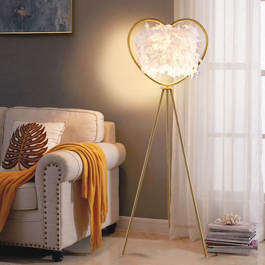 Loving Heart Frame Floor Lamp Post Modern Metallic 1-Head Black/Gold Finish Tripod Floor Standing Light with Feather Shade Gold Clearhalo 'Floor Lamps' 'Lamps' Lighting' 1135814