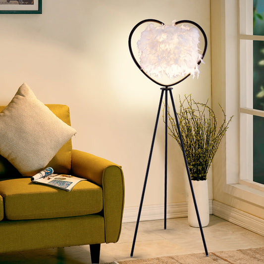 Loving Heart Frame Floor Lamp Post Modern Metallic 1-Head Black/Gold Finish Tripod Floor Standing Light with Feather Shade Black Clearhalo 'Floor Lamps' 'Lamps' Lighting' 1135818