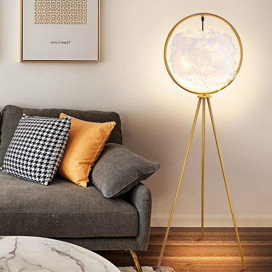 Black/Gold Ring Tripod Floor Light Postmodern 1 Bulb Metal Standing Floor Lamp with Feather Shade Gold Clearhalo 'Floor Lamps' 'Lamps' Lighting' 1135830