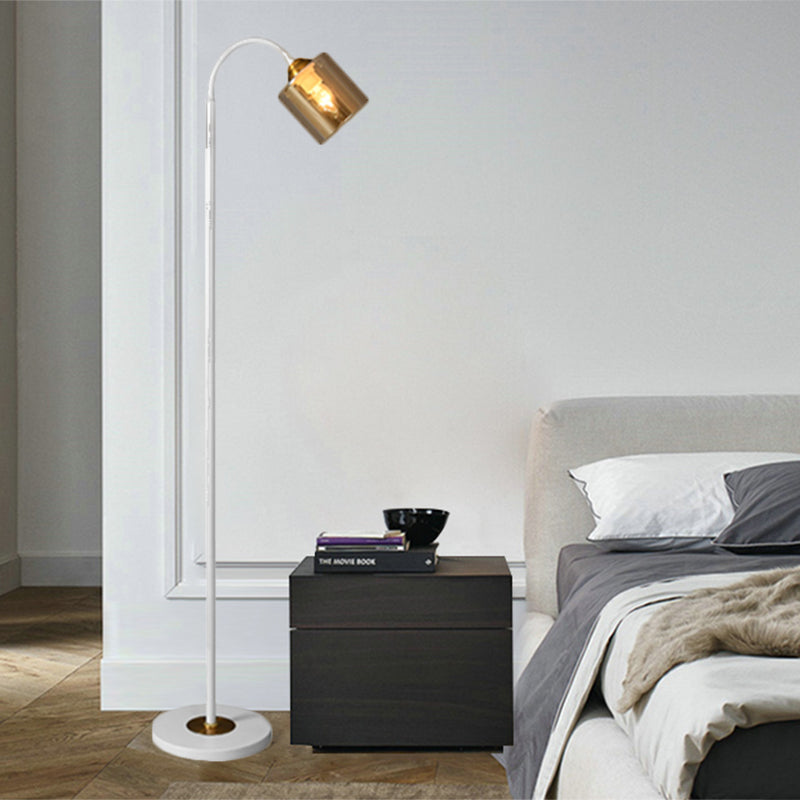 Modern 1-Light Standing Floor Light with Amber Glass Shade White Finish Cylinder Floor Lamp White Clearhalo 'Floor Lamps' 'Lamps' Lighting' 1135862