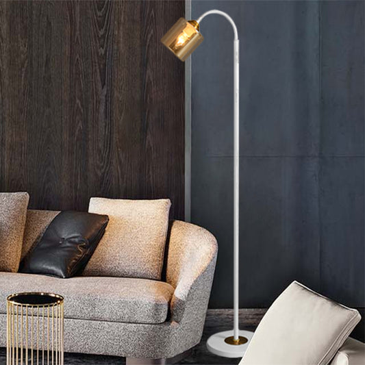 Modern 1-Light Standing Floor Light with Amber Glass Shade White Finish Cylinder Floor Lamp Clearhalo 'Floor Lamps' 'Lamps' Lighting' 1135863