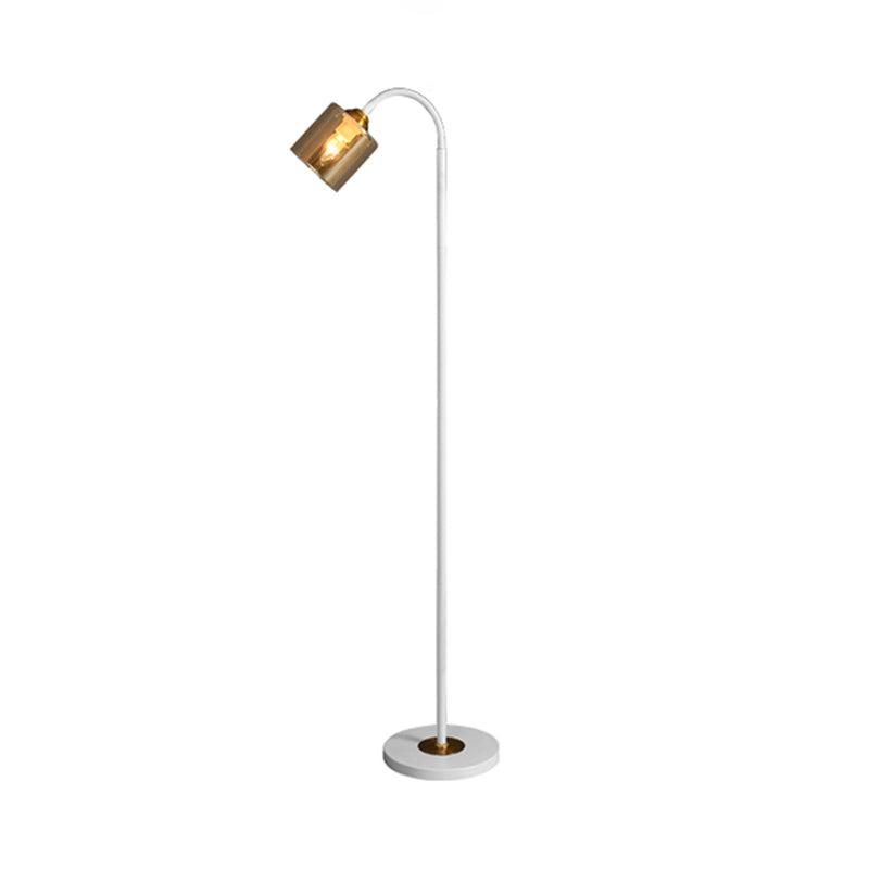 Modern 1-Light Standing Floor Light with Amber Glass Shade White Finish Cylinder Floor Lamp Clearhalo 'Floor Lamps' 'Lamps' Lighting' 1135864
