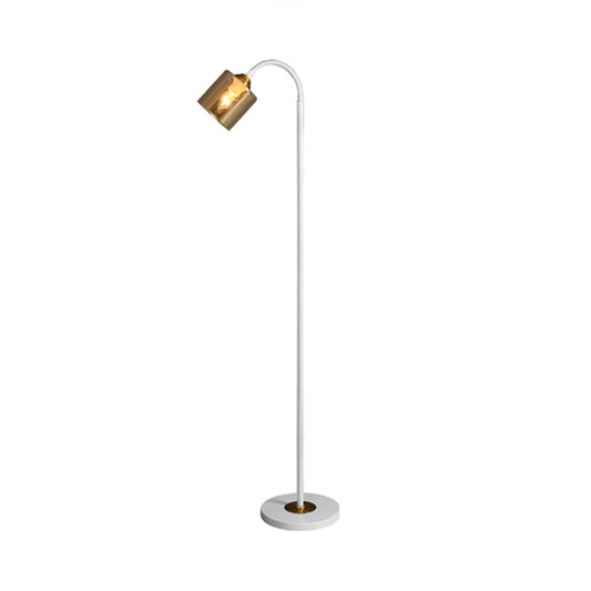 Modern 1-Light Standing Floor Light with Amber Glass Shade White Finish Cylinder Floor Lamp Clearhalo 'Floor Lamps' 'Lamps' Lighting' 1135864