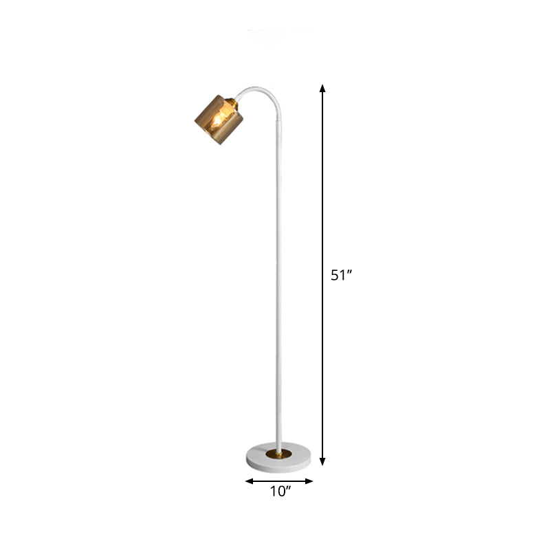 Modern 1-Light Standing Floor Light with Amber Glass Shade White Finish Cylinder Floor Lamp Clearhalo 'Floor Lamps' 'Lamps' Lighting' 1135865