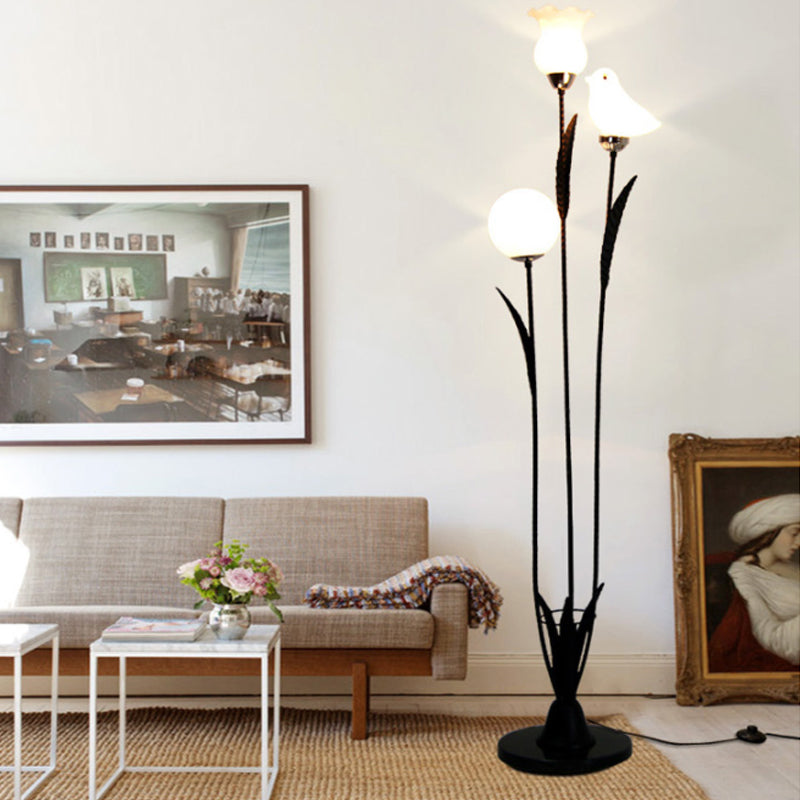 3-Bulb Living Room Tree Floor Light Contemporary Black/White Stand Up Lamp with Orb-Flower-Bird Shape Cream Glass Shade Clearhalo 'Floor Lamps' 'Lamps' Lighting' 1135875