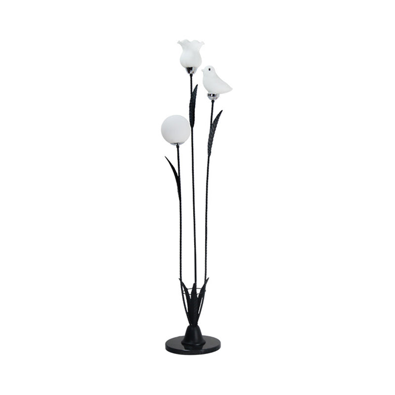 3-Bulb Living Room Tree Floor Light Contemporary Black/White Stand Up Lamp with Orb-Flower-Bird Shape Cream Glass Shade Clearhalo 'Floor Lamps' 'Lamps' Lighting' 1135876
