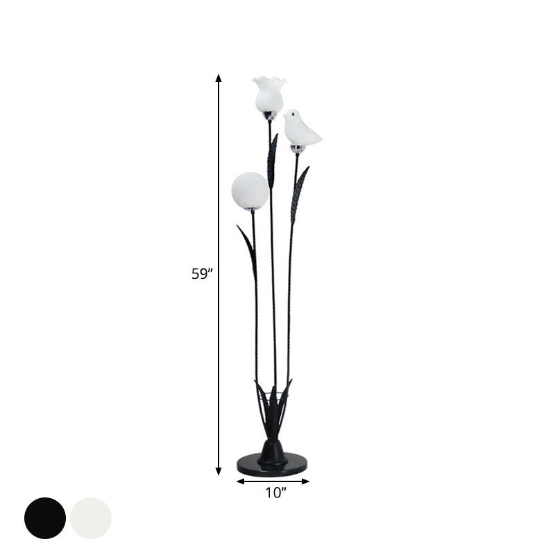3-Bulb Living Room Tree Floor Light Contemporary Black/White Stand Up Lamp with Orb-Flower-Bird Shape Cream Glass Shade Clearhalo 'Floor Lamps' 'Lamps' Lighting' 1135877