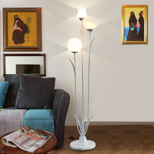 3-Bulb Living Room Tree Floor Light Contemporary Black/White Stand Up Lamp with Orb-Flower-Bird Shape Cream Glass Shade White Clearhalo 'Floor Lamps' 'Lamps' Lighting' 1135878