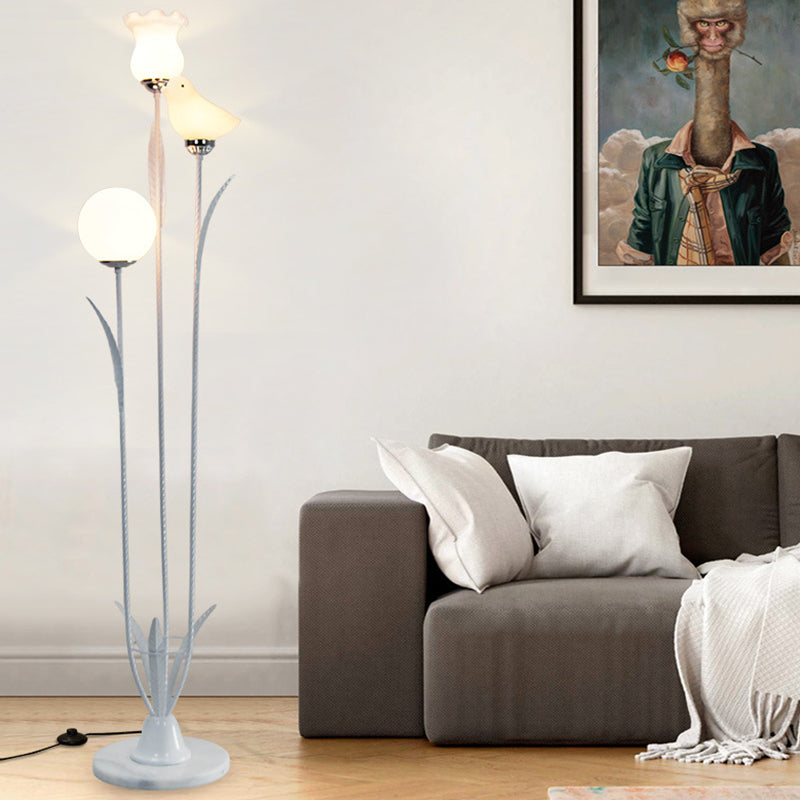 3-Bulb Living Room Tree Floor Light Contemporary Black/White Stand Up Lamp with Orb-Flower-Bird Shape Cream Glass Shade Clearhalo 'Floor Lamps' 'Lamps' Lighting' 1135879
