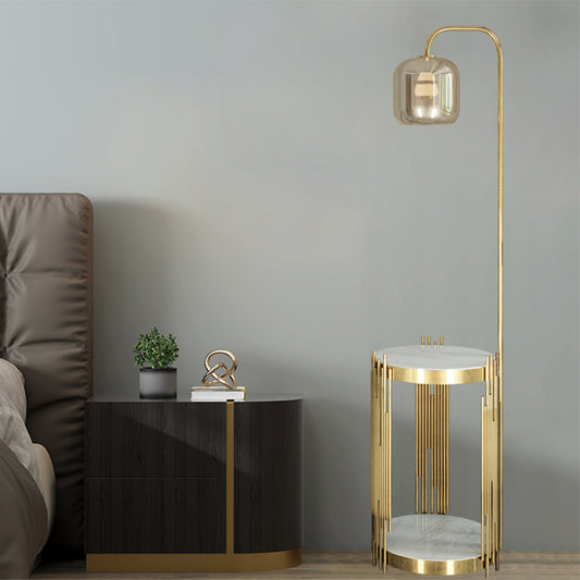 Cylindrical Amber Glass Stand Up Light Modernist 1 Head Gold Finish Floor Table Lamp Gold Clearhalo 'Floor Lamps' 'Lamps' Lighting' 1135898