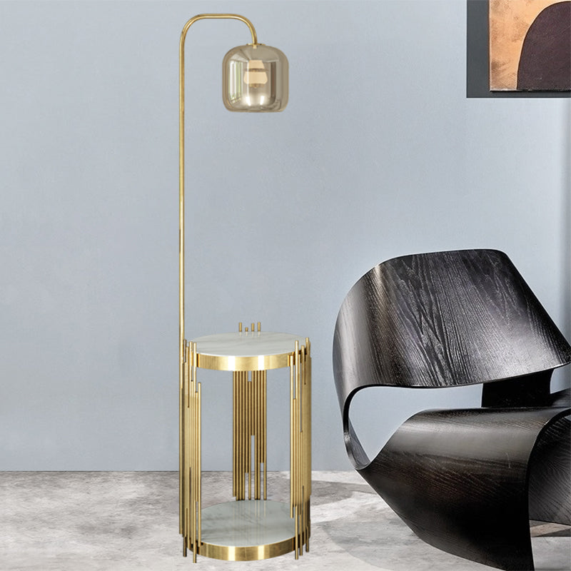 Cylindrical Amber Glass Stand Up Light Modernist 1 Head Gold Finish Floor Table Lamp Clearhalo 'Floor Lamps' 'Lamps' Lighting' 1135899