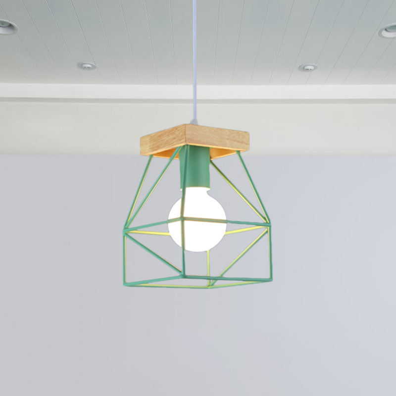 Macaron Geometric Pendant Light Fixture with Cage Shade 1 Light Metal Pendant Lighting in Black/Blue for Bedroom Clearhalo 'Ceiling Lights' 'Modern Pendants' 'Modern' 'Pendant Lights' 'Pendants' Lighting' 1135988