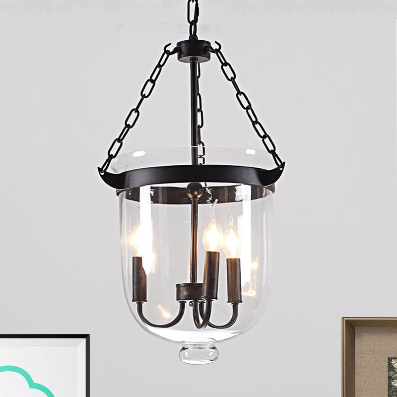 Domed Dining Room Chandelier Pendant Light Industrial Clear Glass 3-Light Black Hanging Fixture with Chain Clearhalo 'Ceiling Lights' 'Chandeliers' 'Glass shade' 'Glass' 'Industrial Chandeliers' 'Industrial' 'Middle Century Chandeliers' 'Pendant Lights' 'Tiffany' Lighting' 1136039