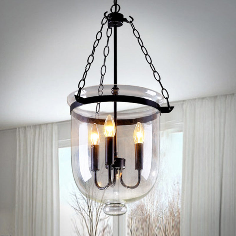 3-Light Suspension Chandelier Pendant Light with Urn Shade Clear Glass Industrial Dining Room Ceiling Lamp in Black Clearhalo 'Ceiling Lights' 'Chandeliers' 'Glass shade' 'Glass' 'Industrial Chandeliers' 'Industrial' 'Middle Century Chandeliers' 'Pendant Lights' 'Tiffany' Lighting' 1136040