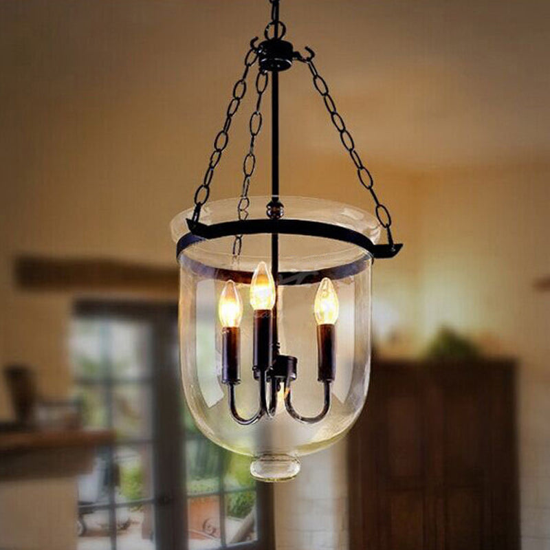 3-Light Suspension Chandelier Pendant Light with Urn Shade Clear Glass Industrial Dining Room Ceiling Lamp in Black Clearhalo 'Ceiling Lights' 'Chandeliers' 'Glass shade' 'Glass' 'Industrial Chandeliers' 'Industrial' 'Middle Century Chandeliers' 'Pendant Lights' 'Tiffany' Lighting' 1136043